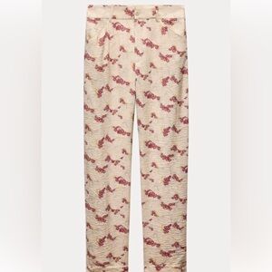 Zara Cream and Red Floral Straight Leg Pants
